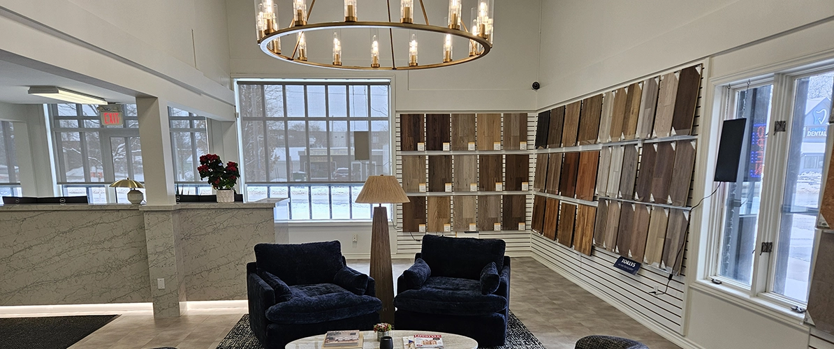 FloorSource's newly renovated showroom with floor samples and a lovely seating area.