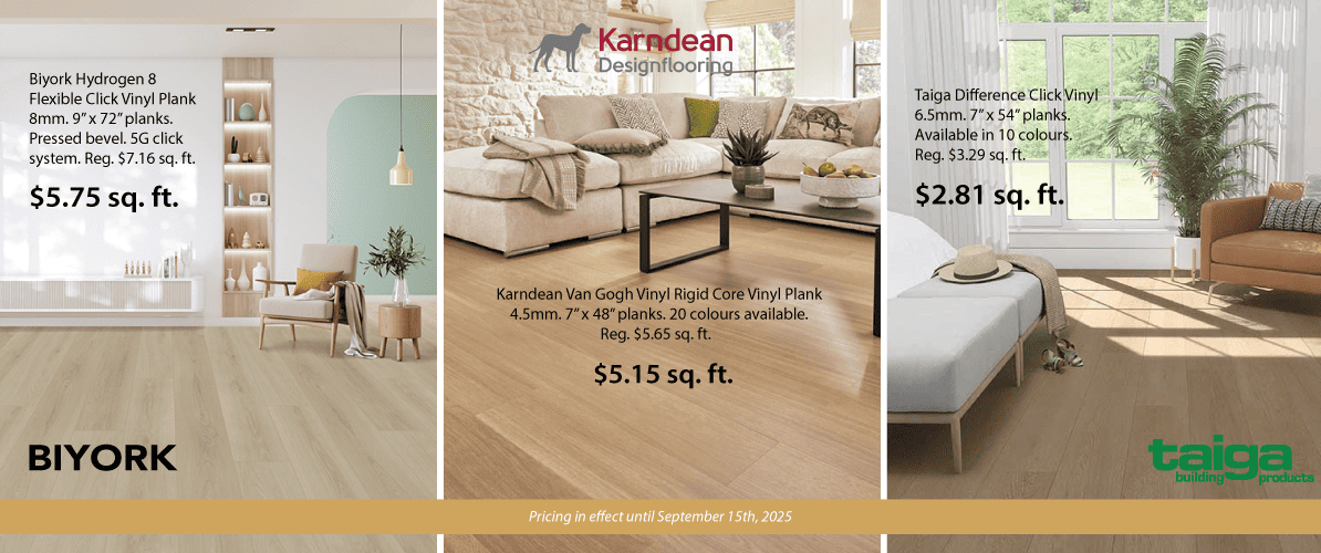 Vinyl plank flooring promotion featuring BIYORK, Kardean Design Flooring, and Taiga Building Products. Offer valid until September 15 or while supplies last.
